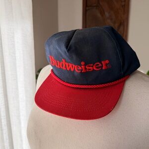 Vintage Budweiser Snapback Hat Made in USA Red Blue Rope Brim Trucker Cap